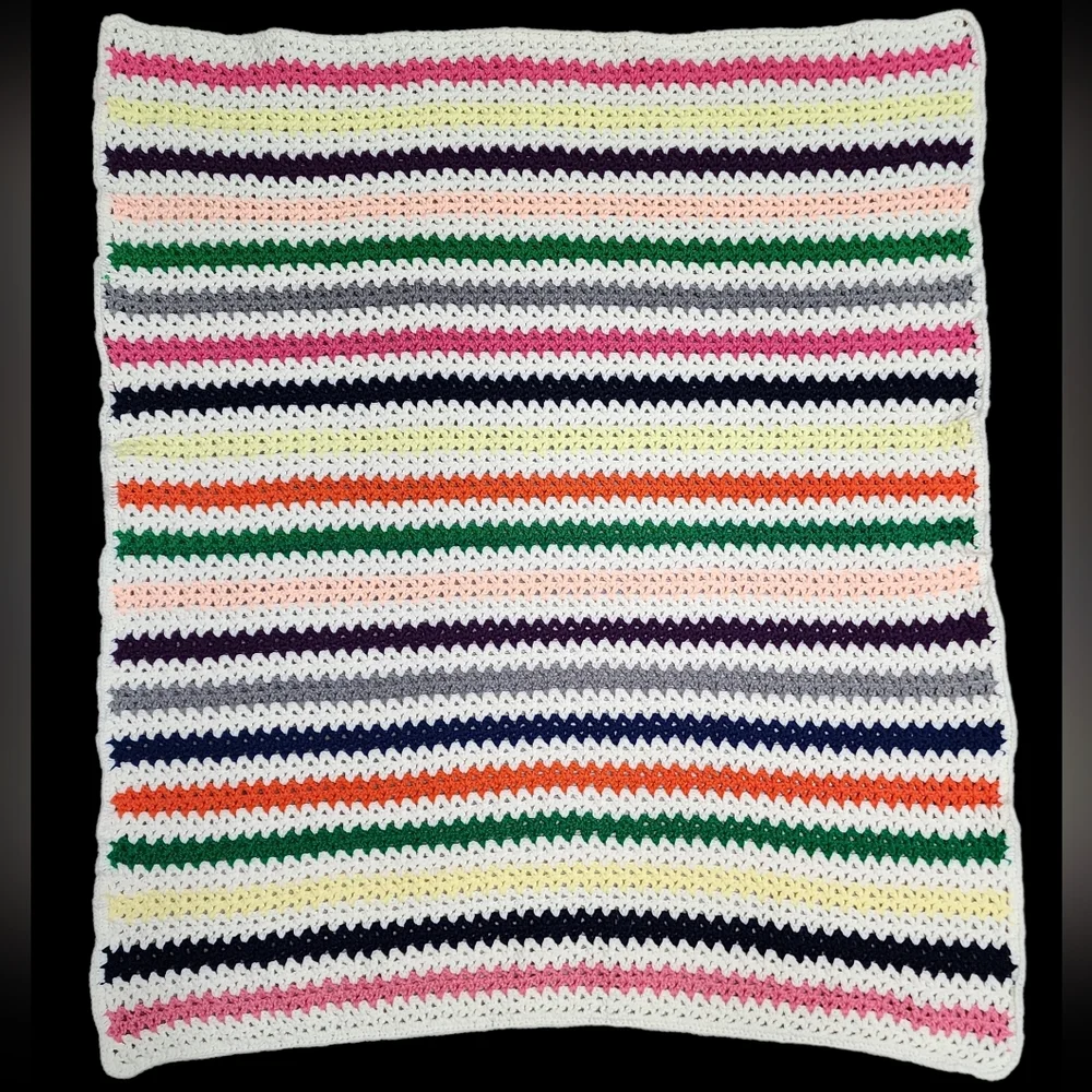 Handmade Colorful White Striped Crocheted V Stitch Lap Blanket Throw Afghan New